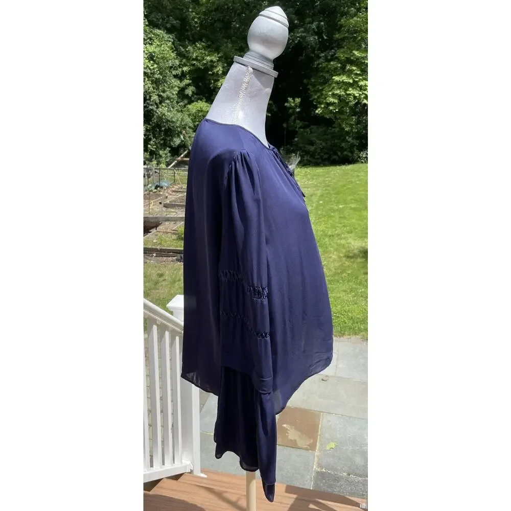 Parker Women 100% Silk Blouse Round Neck Tiered Sleeves Career Wear Navy Blue S - Picture 7 of 11